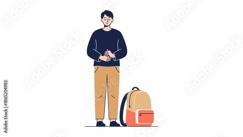Young man with backpack standing, thoughtful pose, minimalist illustration