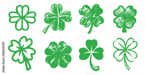 Lucky four and tree leaf clover set in hand drawn grunge style for Irish traditional holiday the Day of St. Patrick for seamless pattern and decoration for a party