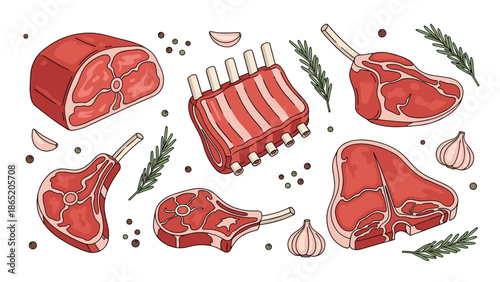 Diverse selection of raw meat cuts, including steaks, ribs, and roasts, beautifully arranged with aromatic rosemary sprigs and fresh garlic cloves.
