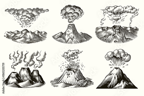 Volcano eruption or explosion sample icon design for inspiration. Hand drawn woodcut or engraved Emblem or icon for education or study usage. Geology and science element.