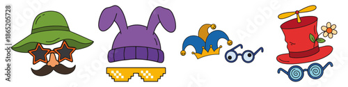 Funny hats glasses  Flat Vector Illustration on Transparent Background