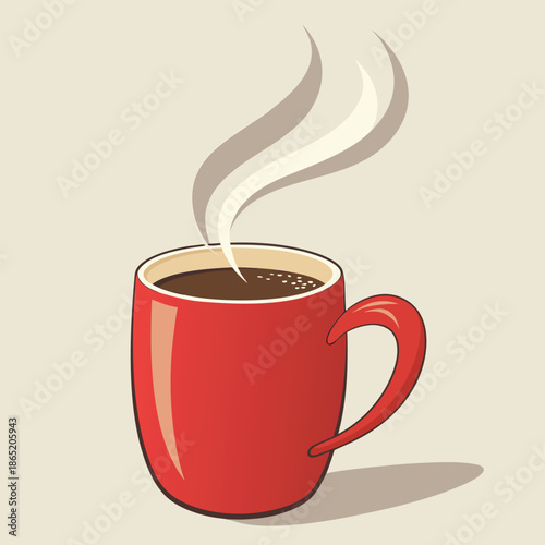 A vibrant red mug filled with steaming hot coffee emitting wisps of vapor silhouette high quality