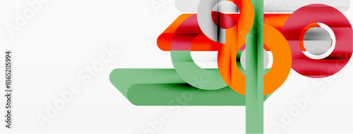 Abstract shapes overlap, creating layered visual effect. Green, orange, red, gray tones dominate composition. Minimalist design.