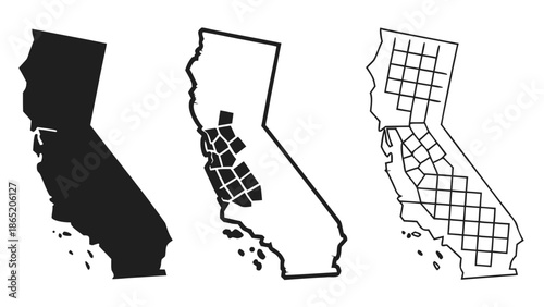 Three distinct representations of california s shape are shown solid outlined and gridded a striking silhouette