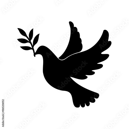 Silhouette of a flying dove carrying an olive branch symbolizing peace