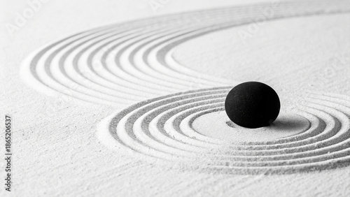 Принти на полотні A serene black stone sits in a peaceful Japanese rock garden