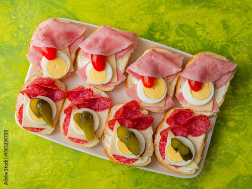 Homemade chlebicky on tray top view