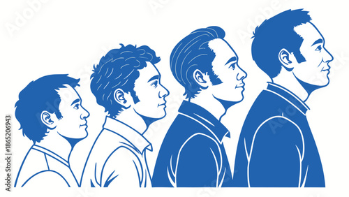 a striking artistic depiction of four men in profile presented as a bold blue silhouette