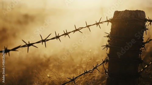 Barbed Wire Wrapped Around Wooden Post in Sunlight