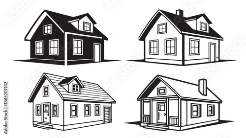 A collection of charming quaint and detailed house illustrations presented in a stark black and white silhouette