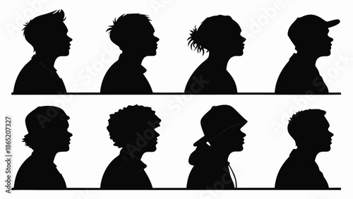 A collection of diverse headshots depicted in a striking black profile silhouette style conveying individuality