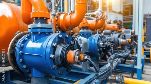 Close up of industrial machinery and piping systems with blue and orange components in a power generation facility