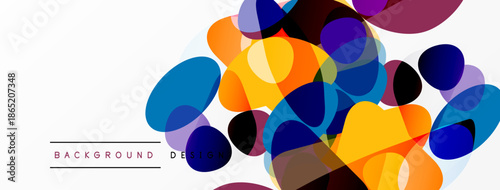 Abstract colorful blobs overlap white space. Modern design elements create dynamic visual texture. Background suggests creativity, innovation.