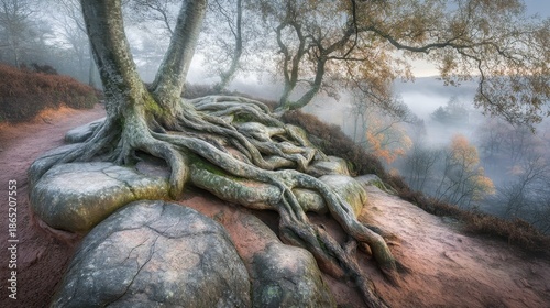 Gnarled ancient tree roots exposed and intertwined with rocks on a misty forest floor