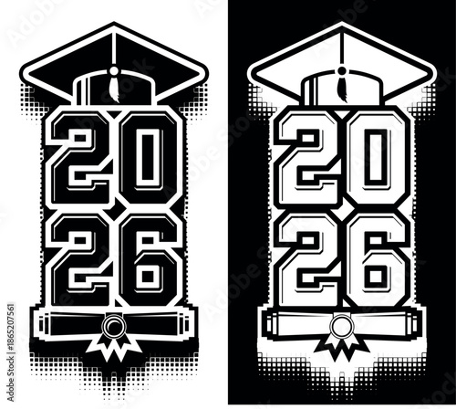 Lettering Class of 2026 for greeting, invitation card. Text for graduation design, congratulation event, T-shirt, party, high school or college graduate. Illustration, vector on transparent and black 