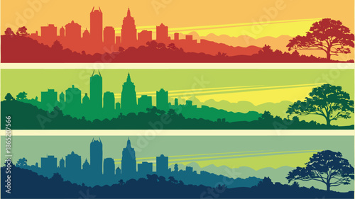 Vibrant cityscapes with rolling hills and a solitary tree are depicted in a striking silhouette