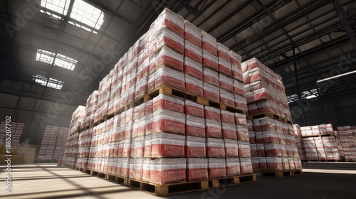 High stacks of sealed food supply crates in a large warehouse