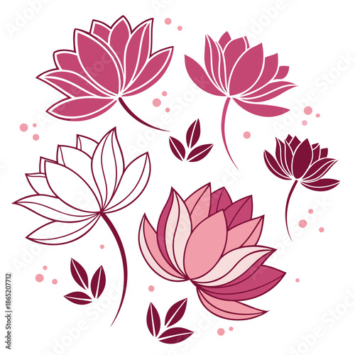 A collection of elegantly designed pink and purple lotus flowers in a stylistic silhouette high quality