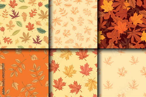 Autumn leaves patterns collection. Fall season different tree foliage oak and linden, aspen, ash, maple yellow and red hand drawn, engraved branches in old vintage style