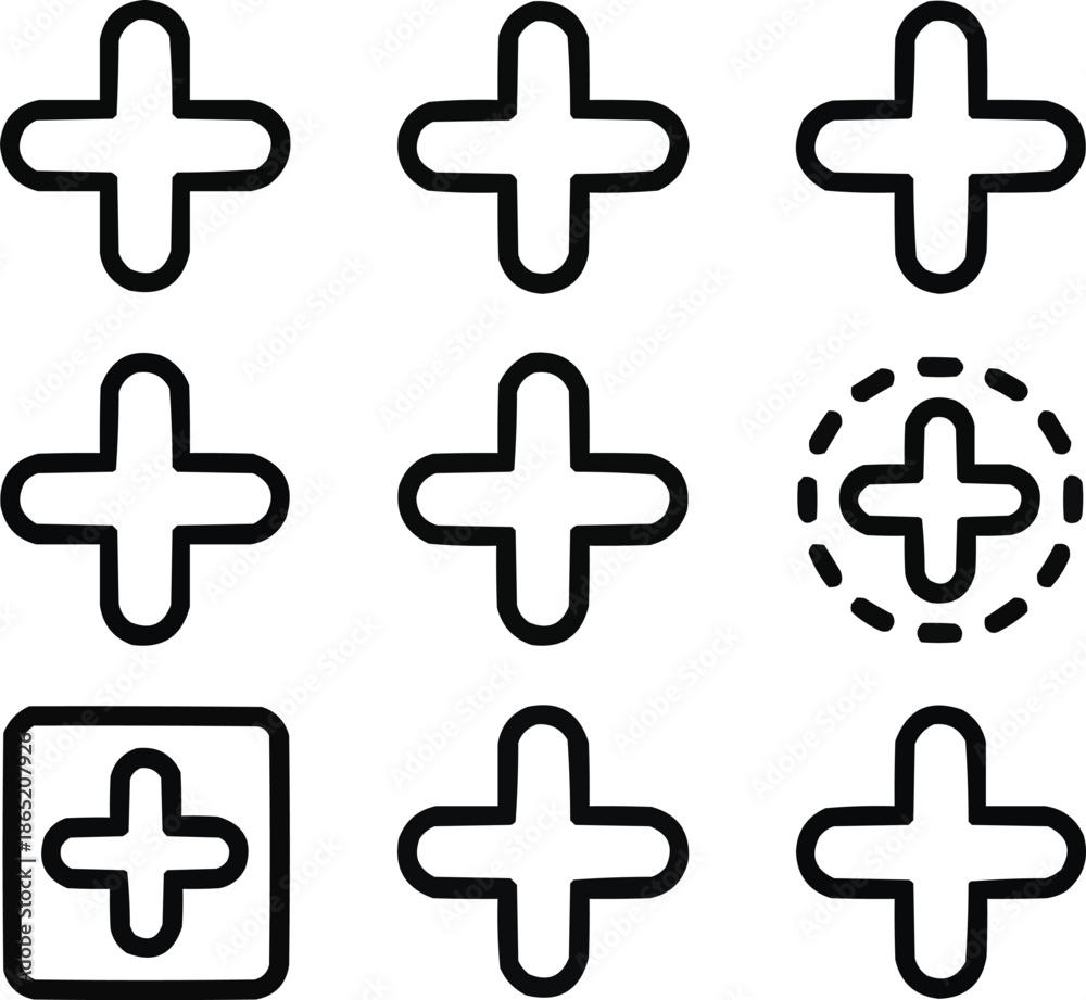Fototapeta premium Plus Sign Icon Set Outline Symbols for Math, Add, and Positive Actions
