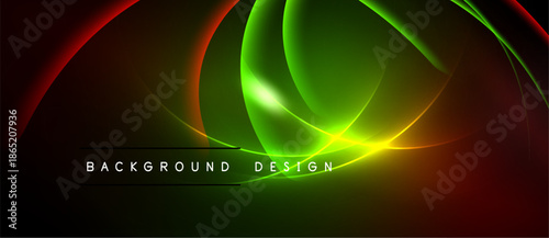 Abstract vibrant curves, gradients. Dark background highlights luminous lines, creating dynamic visual effect. Text reads background design.