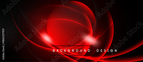 Abstract red design. Smooth curves, glowing lines create dynamic visual impact. Dark background enhances vibrant color scheme.