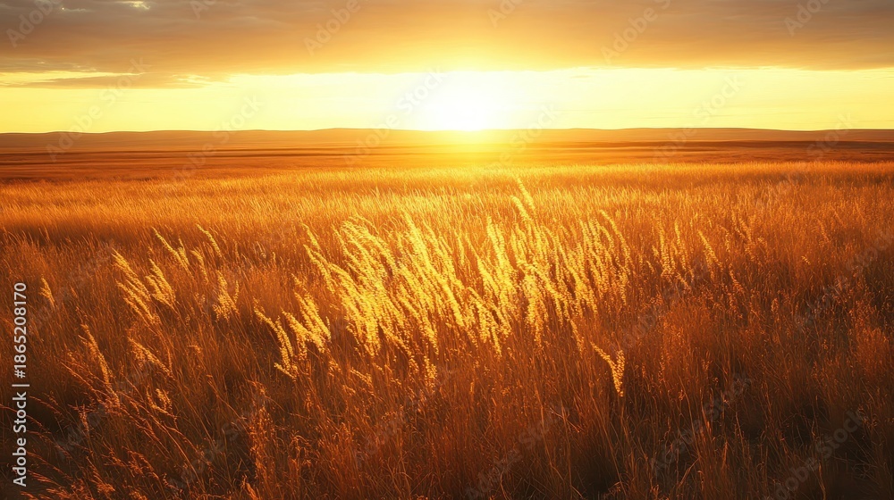 Obraz premium Golden sunset illuminates vast fields of tall grass with soft light on the horizon