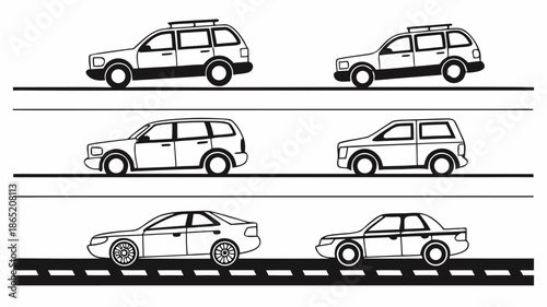 Line art illustration depicting various car models displayed in side views showcasing automotive design silhouette