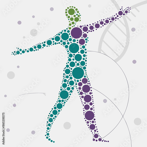 A human form composed of colorful circles against a backdrop of dna and scattered dots silhouette