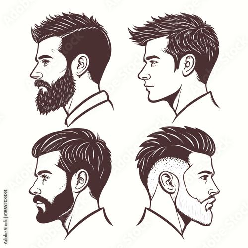 Illustrative collection of men s hairstyles and beard styles displayed in a graphic design silhouette