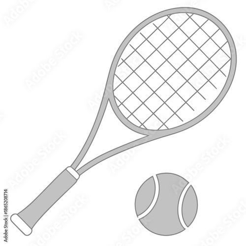 a simple illustration depicting a gray tennis racket and ball presented in a stark silhouette