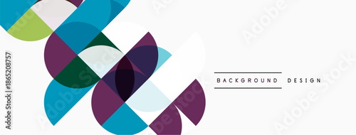 Abstract geometric shapes overlap, creating vibrant color patterns. White space dominates design, offering clean aesthetic.