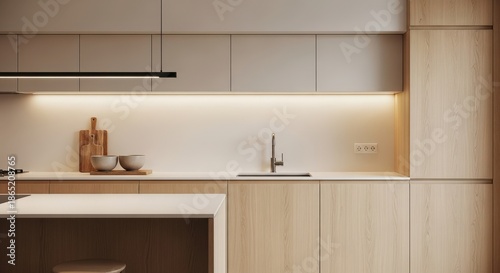 Sleek and modern kitchen interior with light wooden cabinetry, a spacious island, clean lines, and integrated ambient lighting, designed for contemporary living