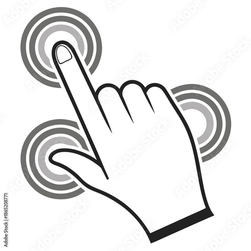 A stylized graphic depicting a hand pressing a circular button with concentric rings a distinct silhouette