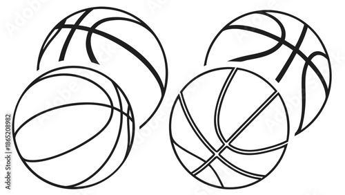 A collection of stylized basketballs depicted in a black and white graphic design silhouette high quality