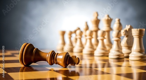 Defeated brown wooden chess king lies face down on the board while the blurred white pieces stand ready representing strategic game loss or checkmate concept