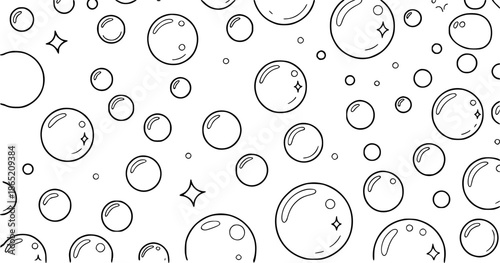 Black and white outline bubbles and stars scattered across a white