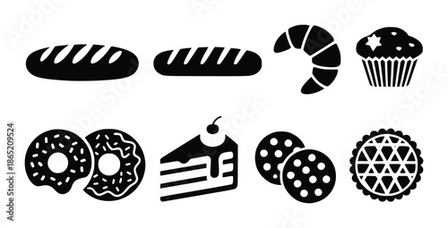 Black of baked goods including bread donuts croissant cupcake slice of cake cookies and pie