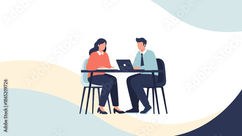 Business Meeting: Colleagues Collaborating at Desk with Laptop, Modern Flat Illustration