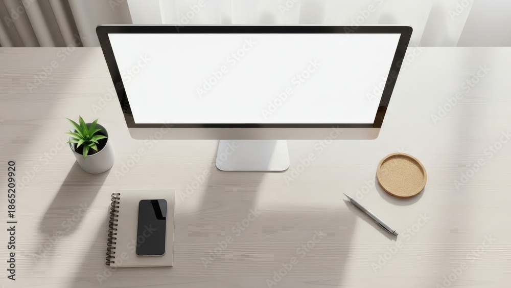 Fototapeta premium Modern workspace mockup with computer monitor stationary and plant