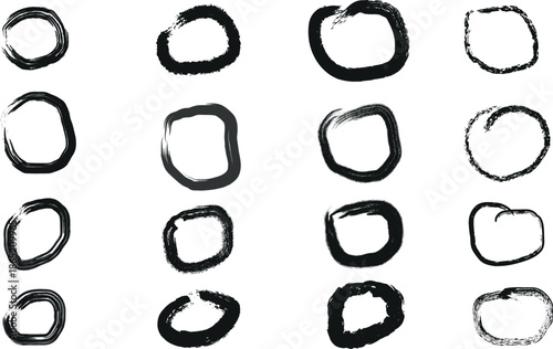 A collection of 16 abstract black circular shapes on a white background with varying line widths and textures