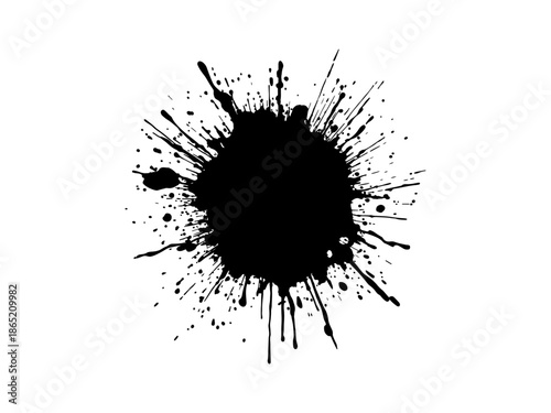 Abstract black ink splatter on a pure white background, irregular organic shape with rough jagged edges, paint drips and splashes radiating outward, high contrast, grunge texture, minimalist.