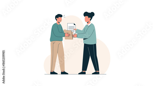 Business partners exchanging documents, illustration of collaboration and teamwork