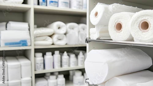 Sterile absorbent pads and bandages in various rolls stored on shelves in a medical supply room