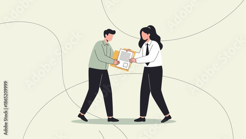 Business meeting illustration: Man handing document to woman, collaboration concept
