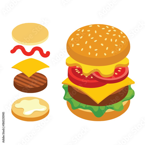Exploded view of a sesame seed hamburger with cheese lettuce tomato and ketchup food ingredients