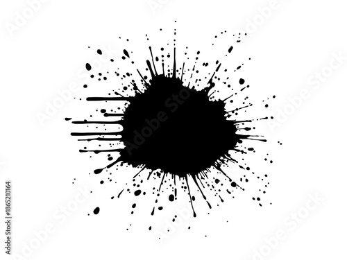 Abstract black ink splatter on a pure white background, irregular organic shape with rough jagged edges, paint drips and splashes radiating outward, high contrast, grunge texture, minimalist.