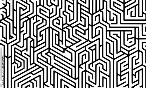 Intricate black and white geometric maze pattern with sharp angles and interlocking lines