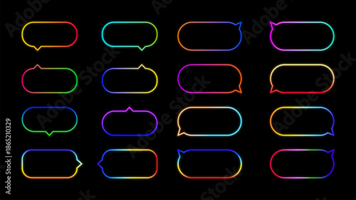 A set of 16 neon led, rounded tooltips or speech balloons. Rainbow gradient vector speech bubbles, dialogue balloons or text balloons. Can be used in comics and as tips, hints or notifications on webs