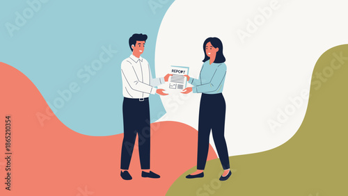 Business partners exchanging report document, teamwork and collaboration concept
